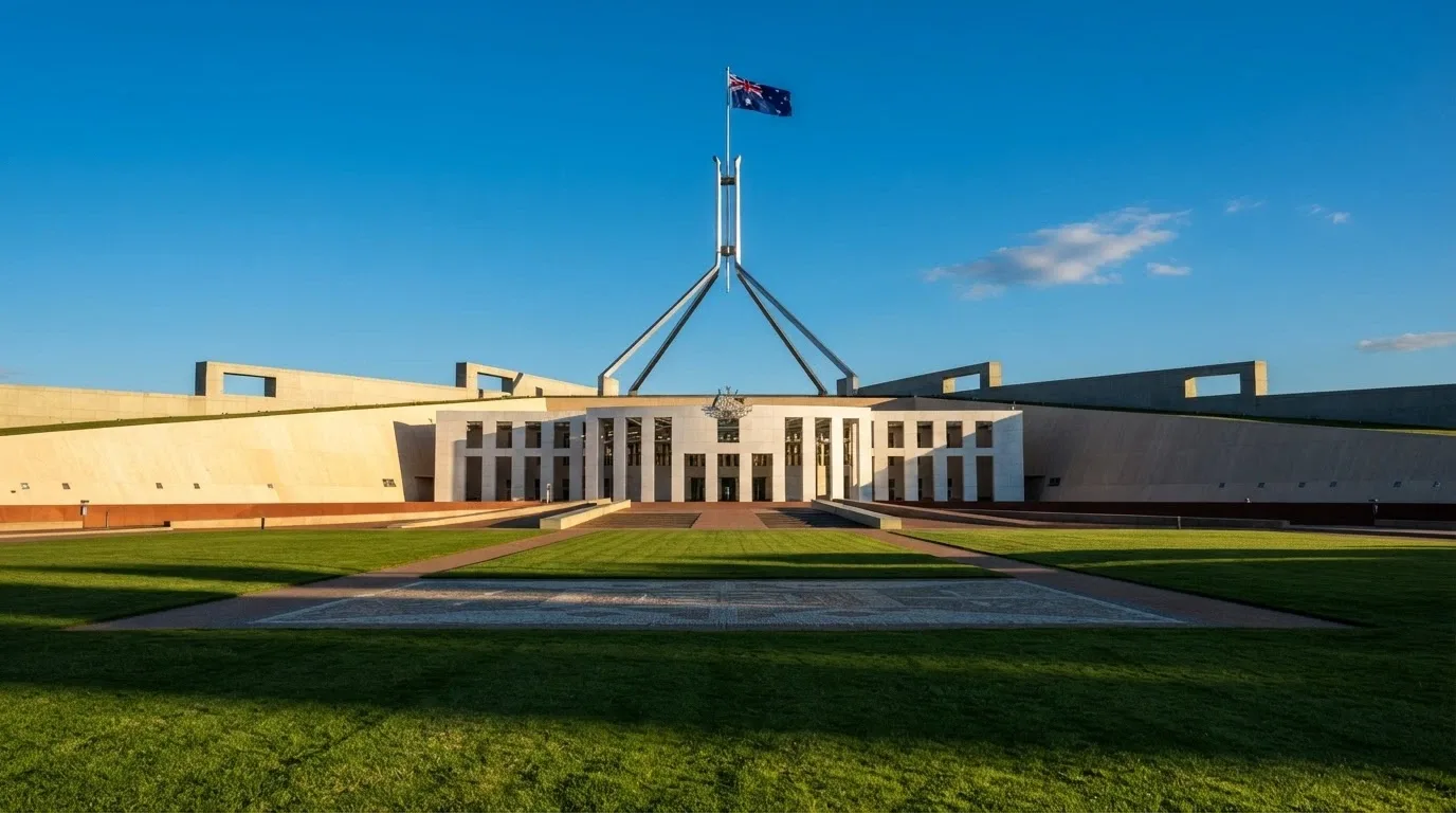The Australian Parliament House with an overlay of the Interactive Gambling Act 2001 document