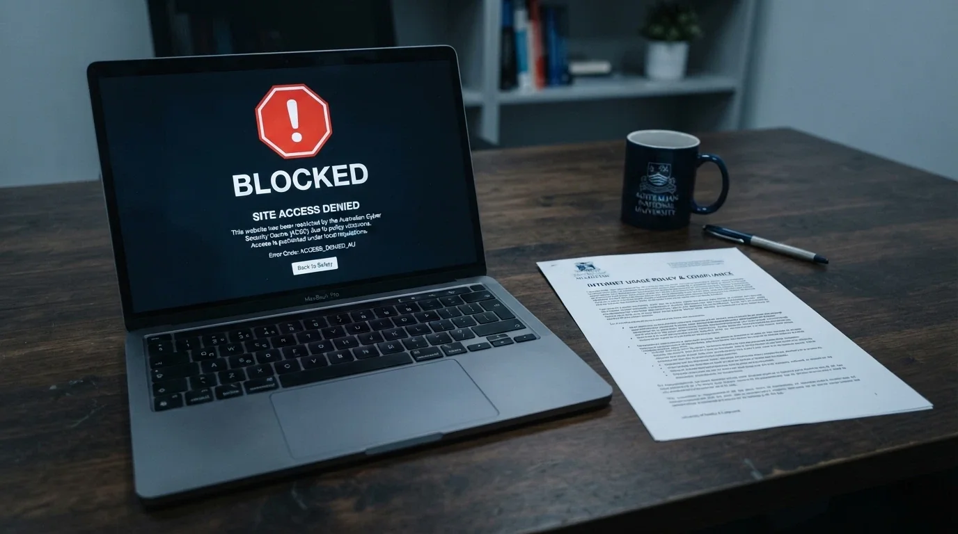 The ACMA logo on an official-looking document beside a blocked-website notice on a laptop screen, the ISP block message clearly visible
