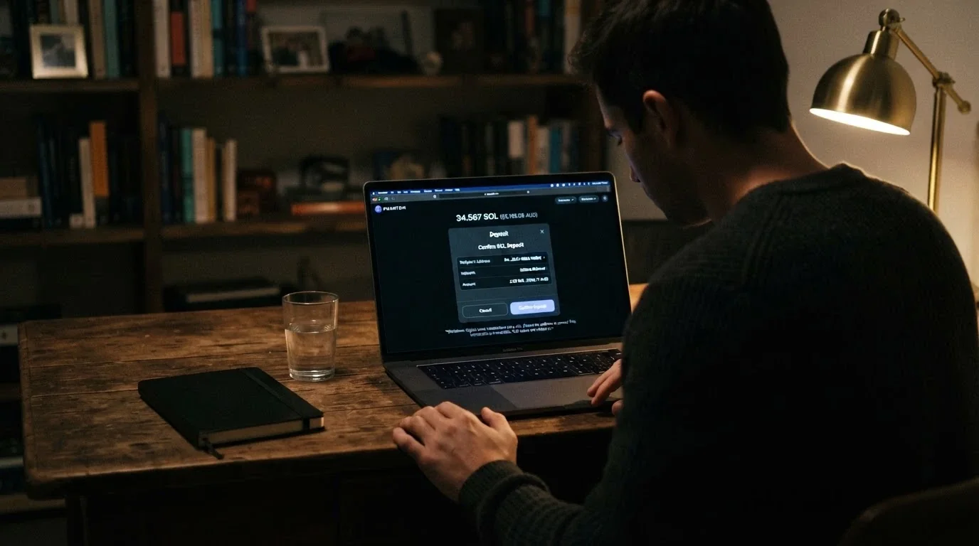 An Australian player considering a Solana casino on their laptop with a wallet interface and legal disclaimer visible