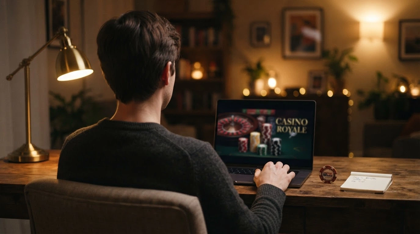 Australian player closing a laptop with a thoughtful expression, casino site visible in the screen reflection