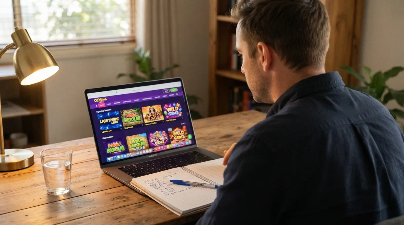 An Australian player at a desk with a laptop open to a pokies site, a notepad with handwritten RTP figures and wagering calculations visible beside the keyboard — the picture of an informed decision, not an impulse click.