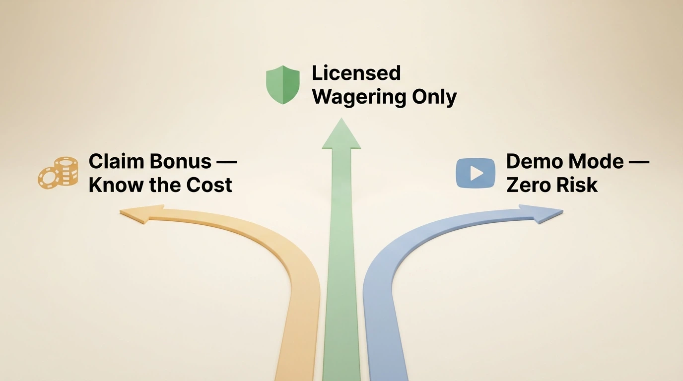 Three labelled paths diverging from a single starting point: “Claim NDB knowing the cost”, “Play licensed wagering only”, “Demo mode for zero-risk play”