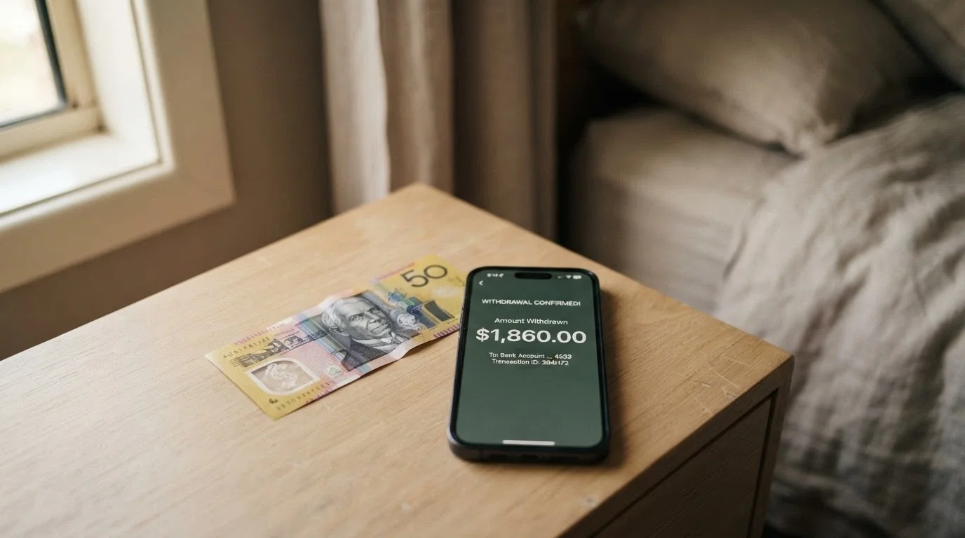 An Australian fifty-dollar note next to a smartphone paused on a casino withdrawal screen