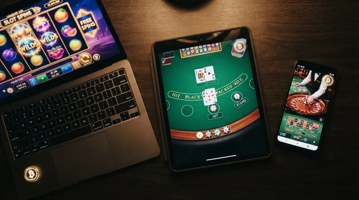A collage of three game screens — an online pokie with spinning reels, a blackjack table and a live dealer roulette wheel — with crypto deposit options visible