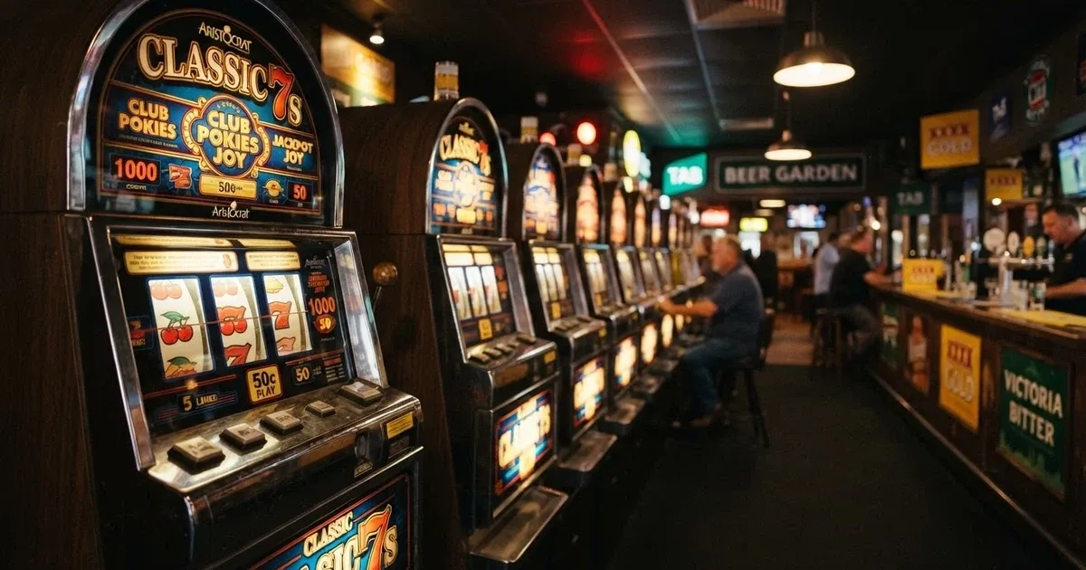 A row of classic 3-reel pokie machines with cherry, bar and seven symbols lit across the payline