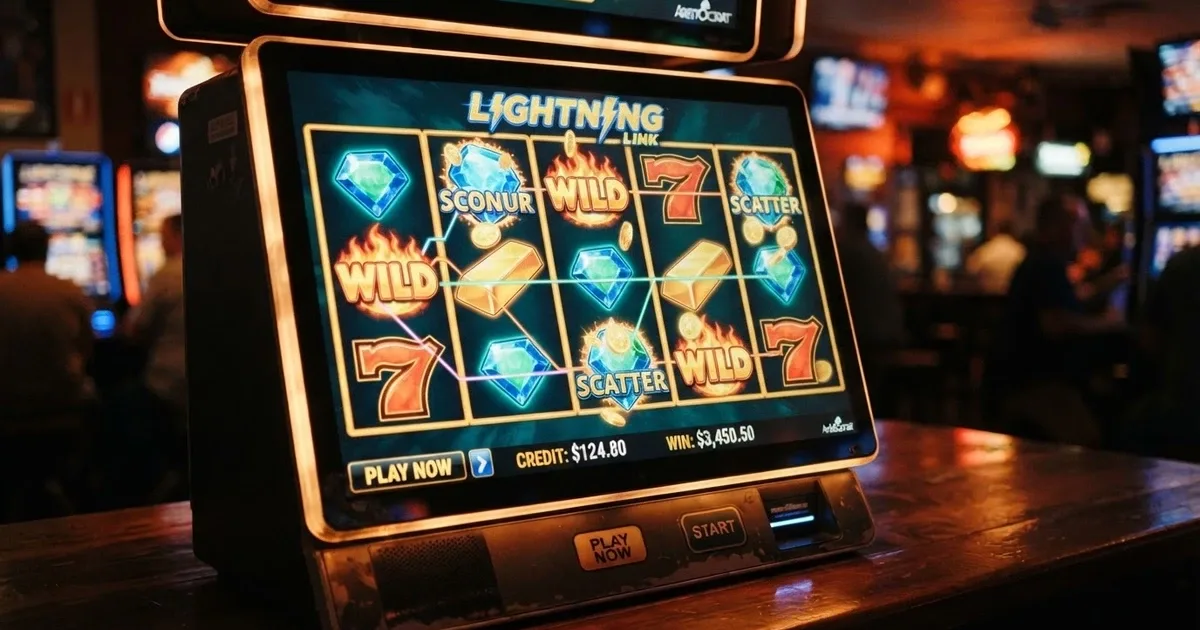 A row of five-reel online pokie reels on a screen, showing scatter and wild symbols across a 5×3 grid with illuminated paylines