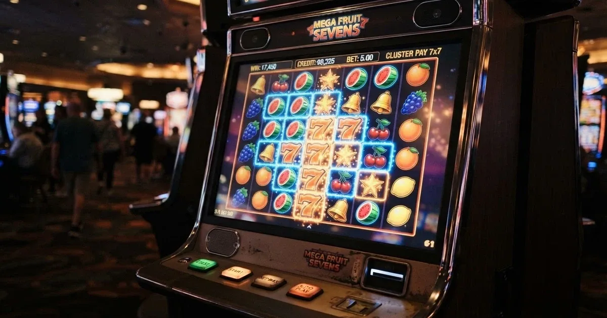 A 7×7 grid pokie screen filled with colourful fruit and sevens symbols, cluster-pay win highlights lighting up multiple positions at once