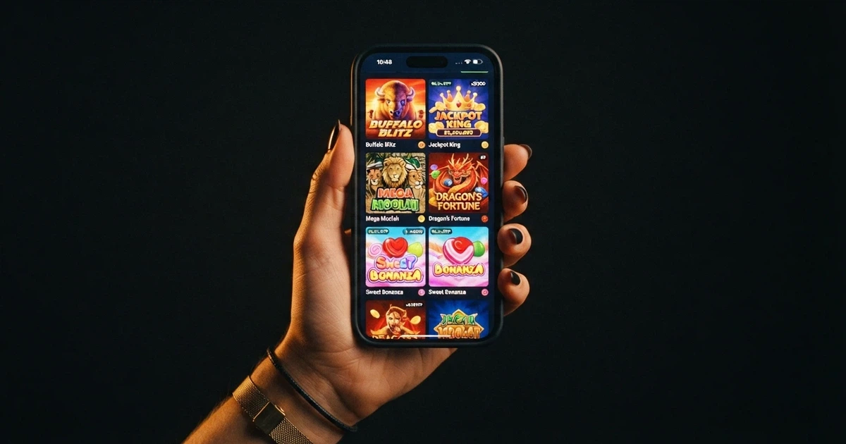 A smartphone screen showing a casino game lobby with pokie thumbnails, held in one hand against a dark background
