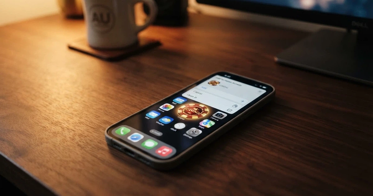 An iPhone home screen showing a casino PWA icon among native apps, with the Safari “Add to Home Screen” interface visible