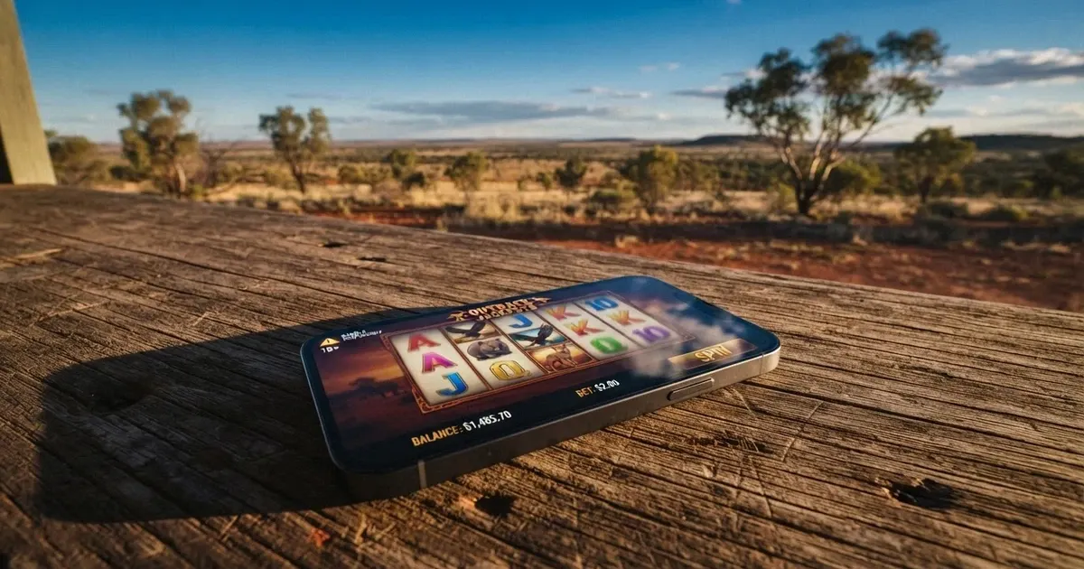 A smartphone displaying a casino app interface with a warning symbol overlay, set against an Australian outback landscape