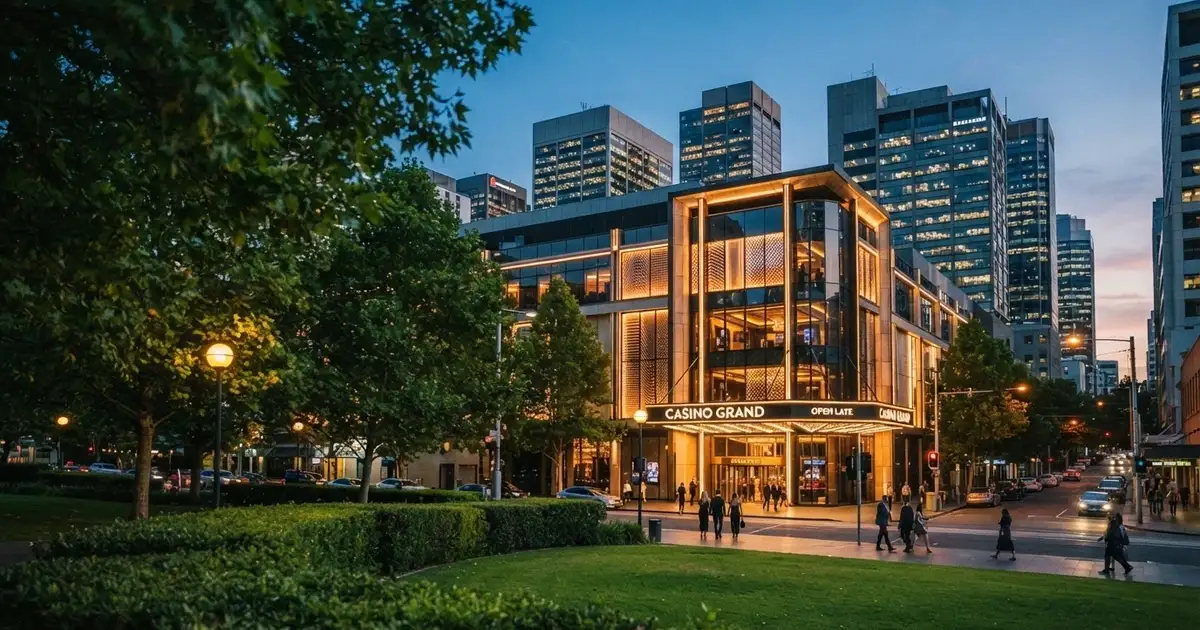 Exterior of Casino Canberra at 21 Binara Street, Civic, with Glebe Park greenery beside it and the Canberra CBD skyline behind
