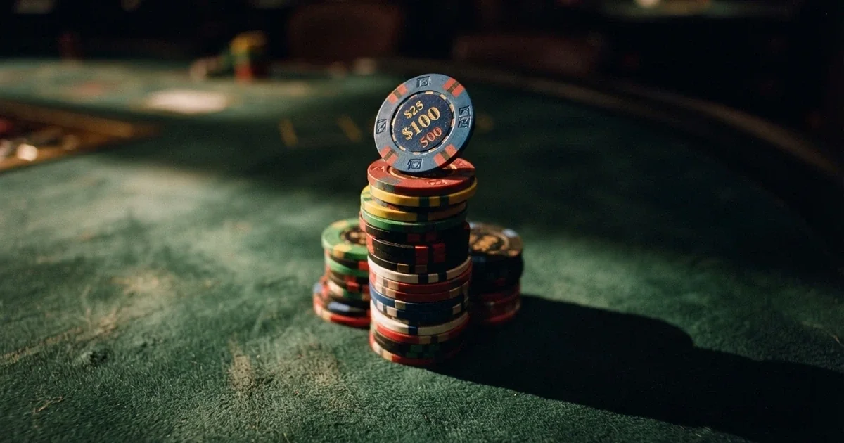 A glowing casino-chip stack on a dark felt table, the Australian coat of arms reflected faintly in the surface, with a red caution stripe across the lower third