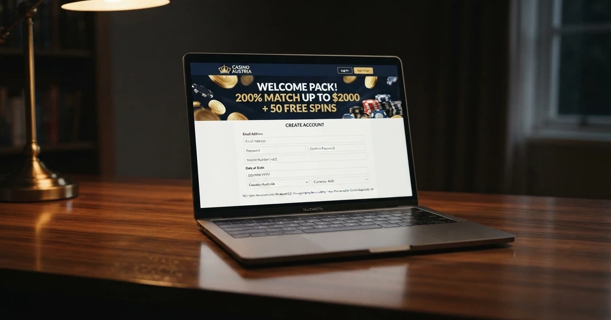 A welcome-bonus banner on a casino registration screen with the fine-print terms visible beneath it