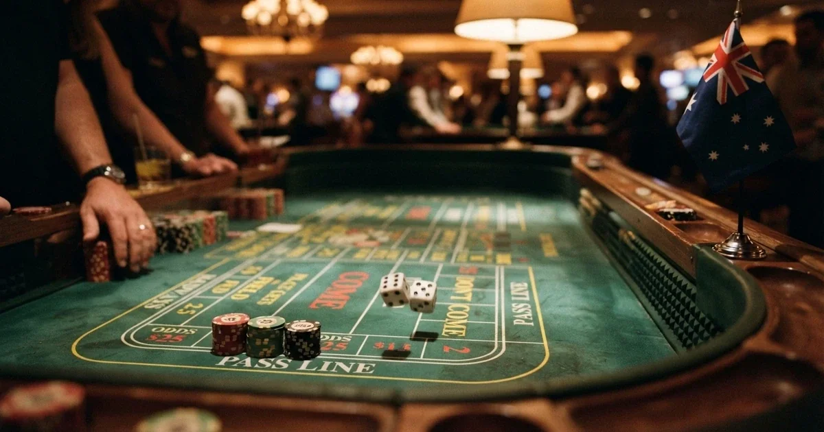 A digital craps table with dice mid-roll, chips stacked on the pass line, and an Australian flag visible in the background