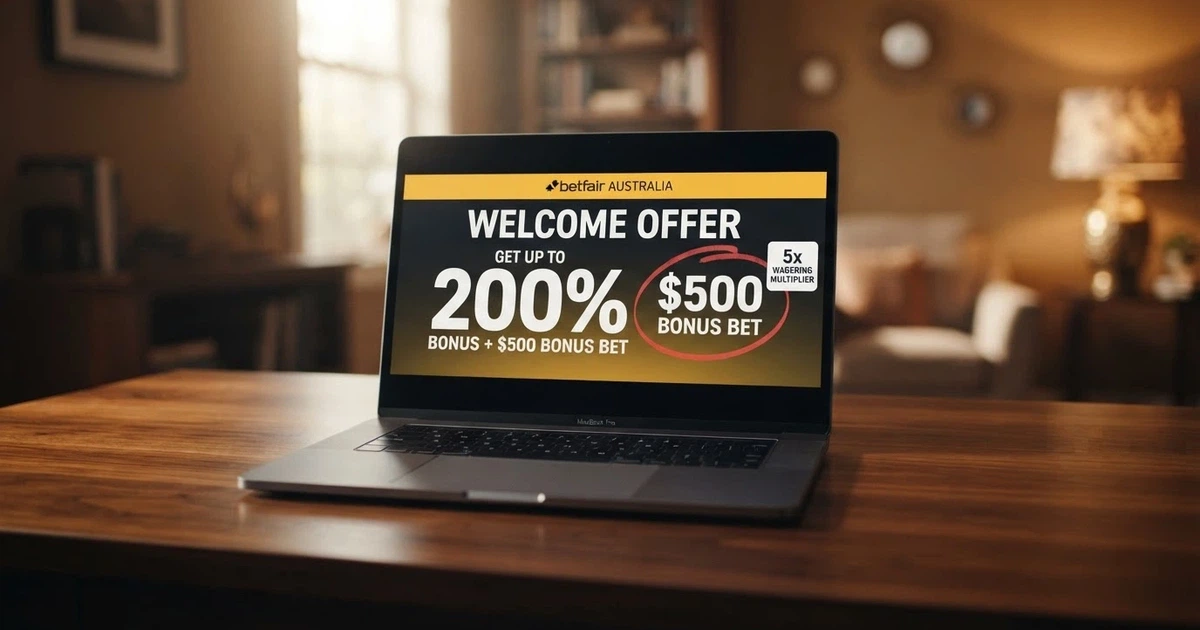 A row of online casino welcome-offer banners on a screen, one circled in red, with Australian dollar figures and a wagering-requirement callout visible beside it