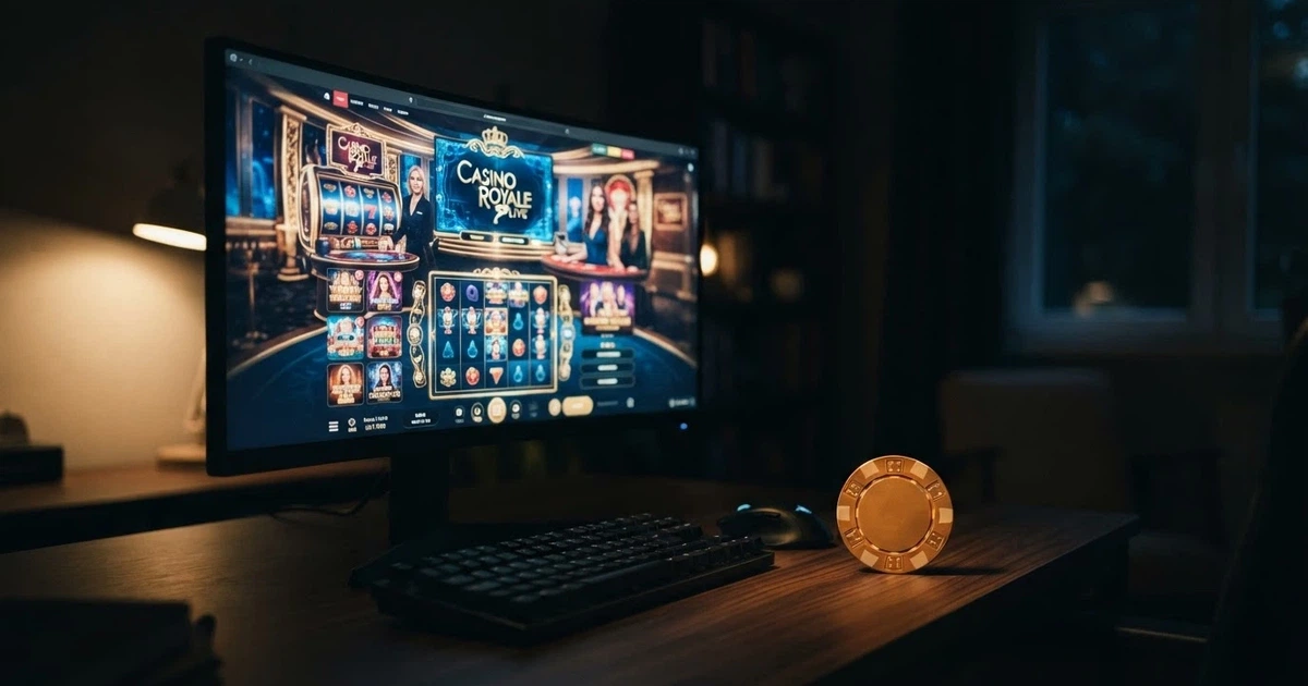 A dimly lit home office with a desktop screen showing a casino lobby and an Australian $100 note on the desk beside the keyboard