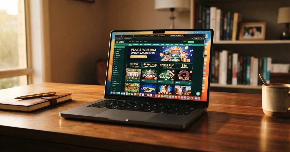 A laptop screen displaying a grid of international online casino homepages with Australian dollar symbols visible on the interface