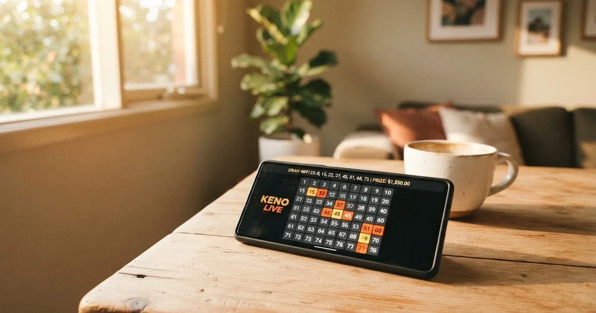 A smartphone displaying a keno number grid with several spots marked and a draw result overlay, on a clean desk beside a cup of coffee in an Australian home