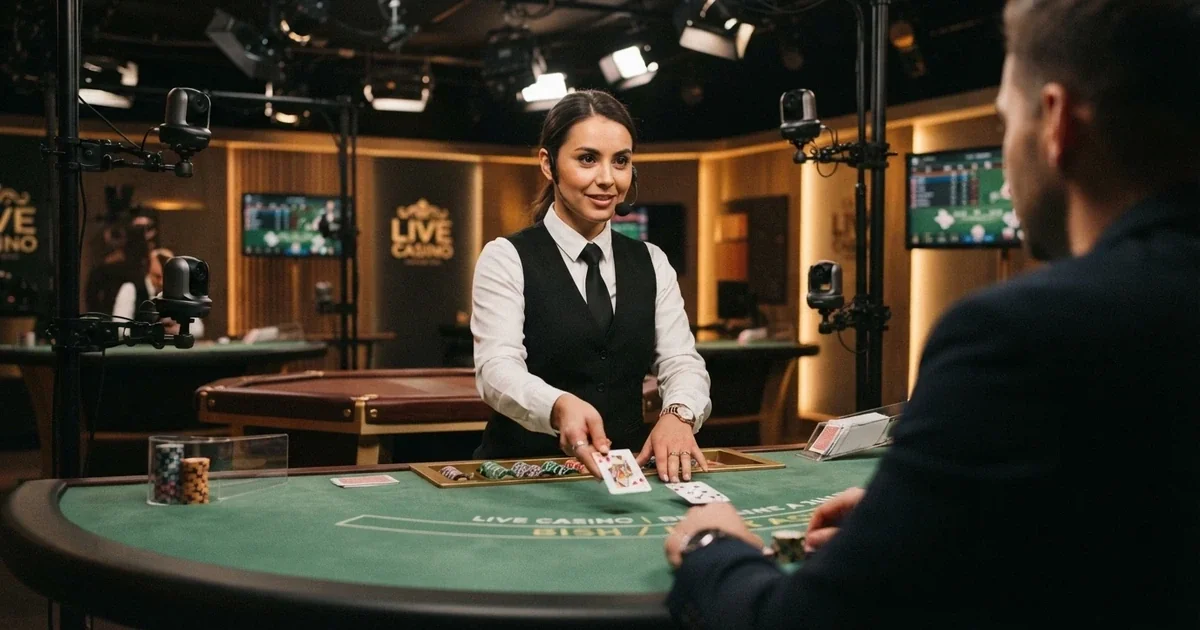 A live dealer in a professional casino studio standing behind a blackjack table, dealing cards toward the camera under studio lighting