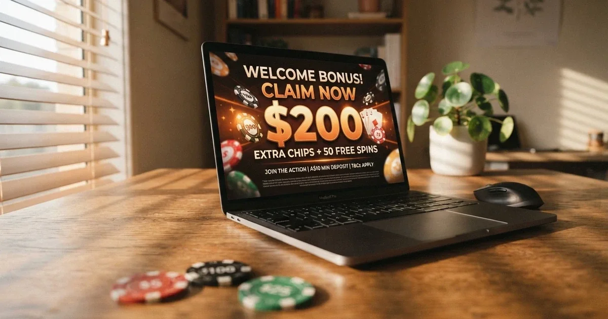 A glowing welcome-bonus banner displayed on a laptop screen with Australian dollar symbols and casino chips in the foreground