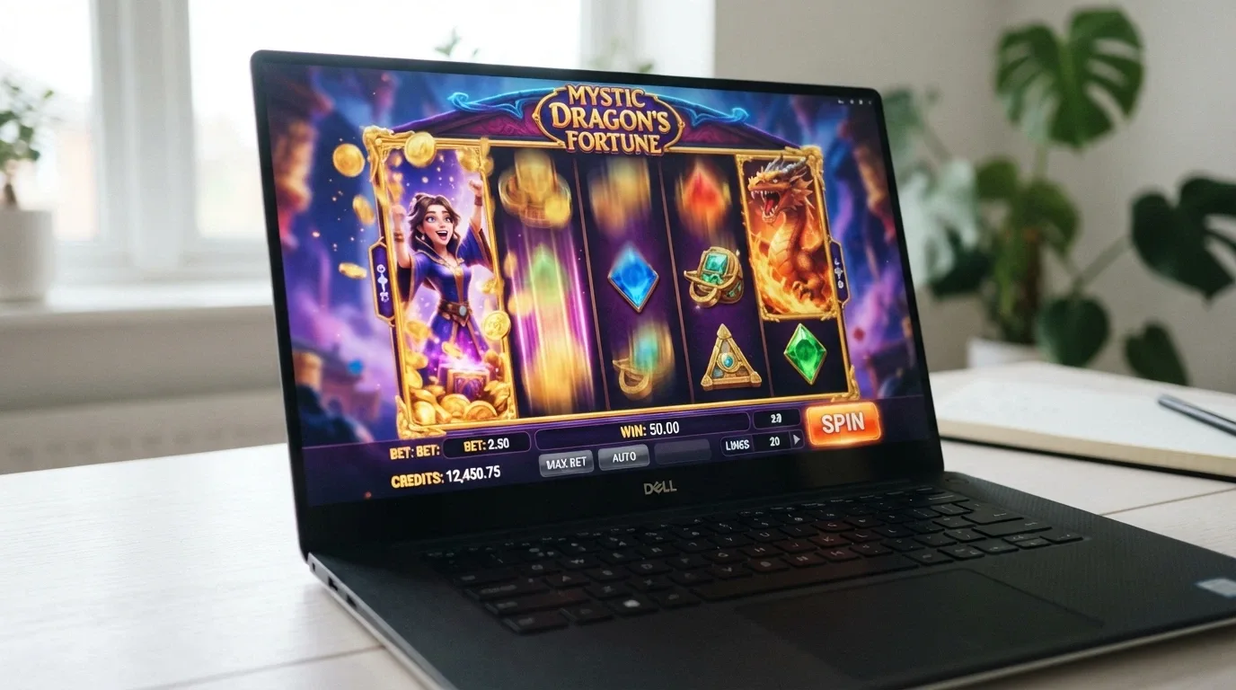 Screenshot of a Betsoft 3D slot in full spin, showing the depth-of-field effect and character animation