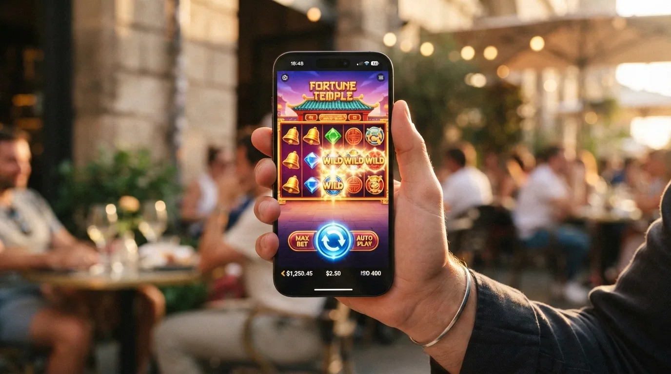 A Betsoft slot running in a phone browser, held in hand, with touch controls visible