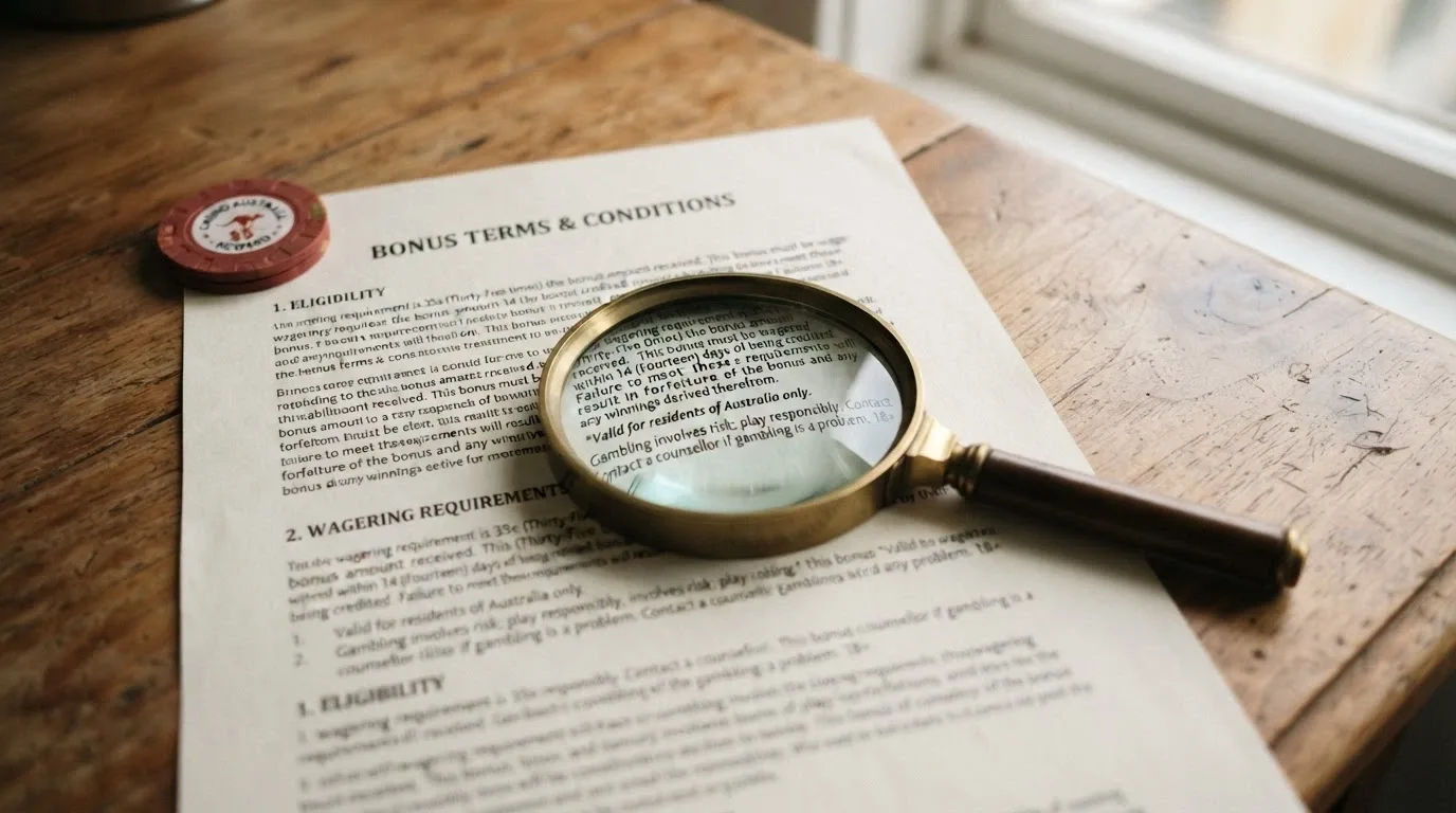 A magnifying glass over a bonus-terms paragraph, with wagering-multiple and validity-window lines highlighted