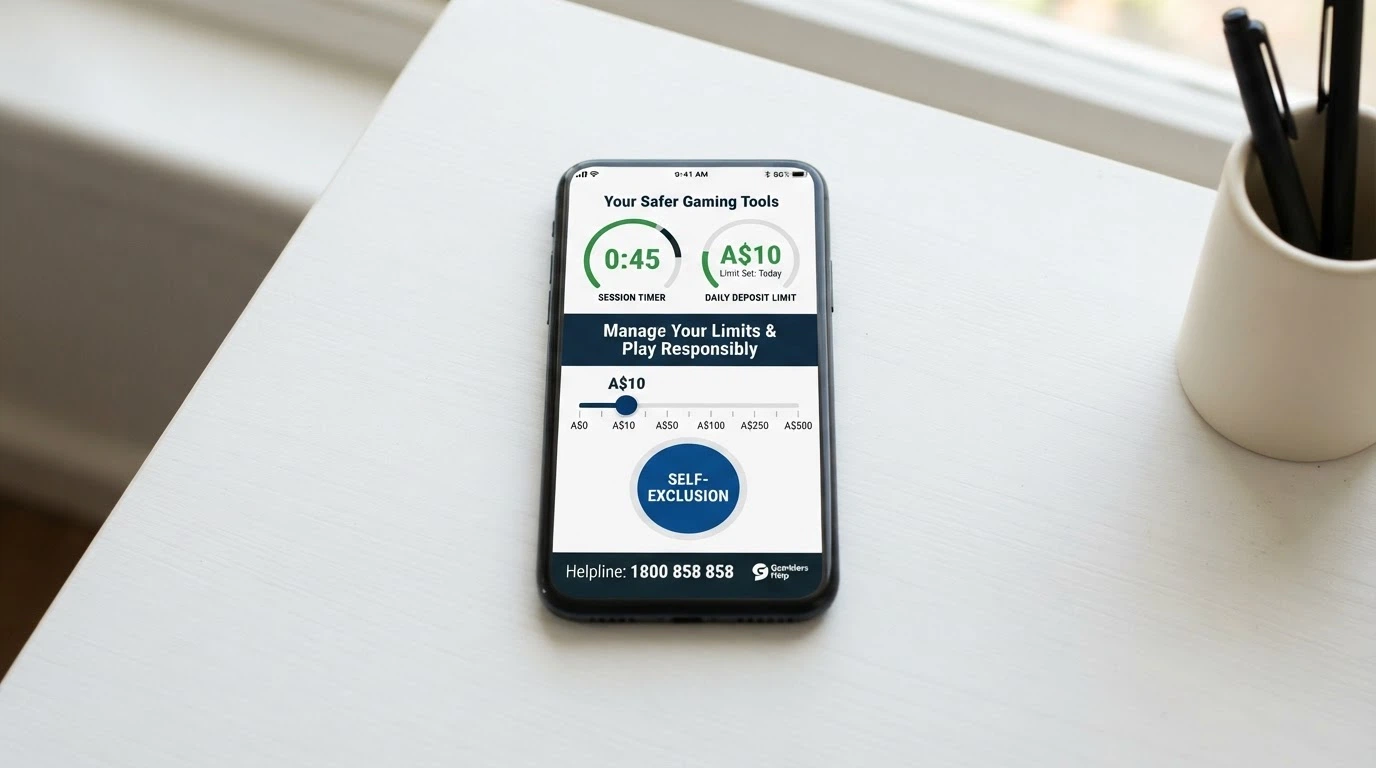 A screen showing a mock responsible-gaming dashboard with deposit-limit sliders, a session timer, and a BetStop registration button, with the National Gambling Helpline number visible