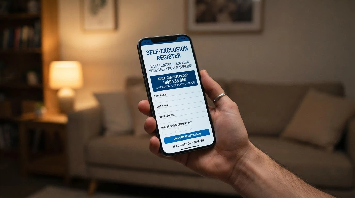 A smartphone screen showing the BetStop National Self-Exclusion Register landing page alongside the 1800 858 858 National Gambling Helpline number, with the Gambling Help Online logo.