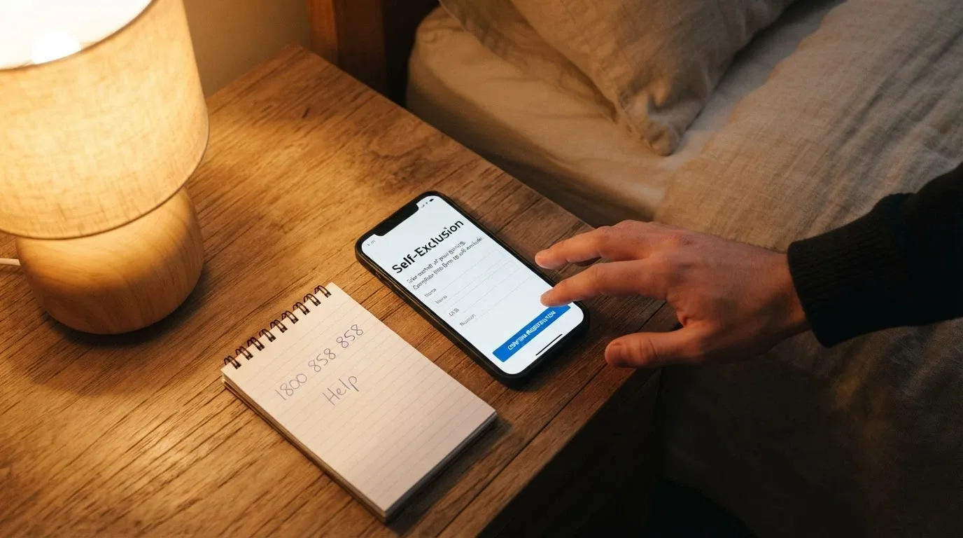 A person's hand hovering over a smartphone showing the BetStop registration screen, with the National Gambling Helpline number 1800 858 858 visible on a notepad beside it