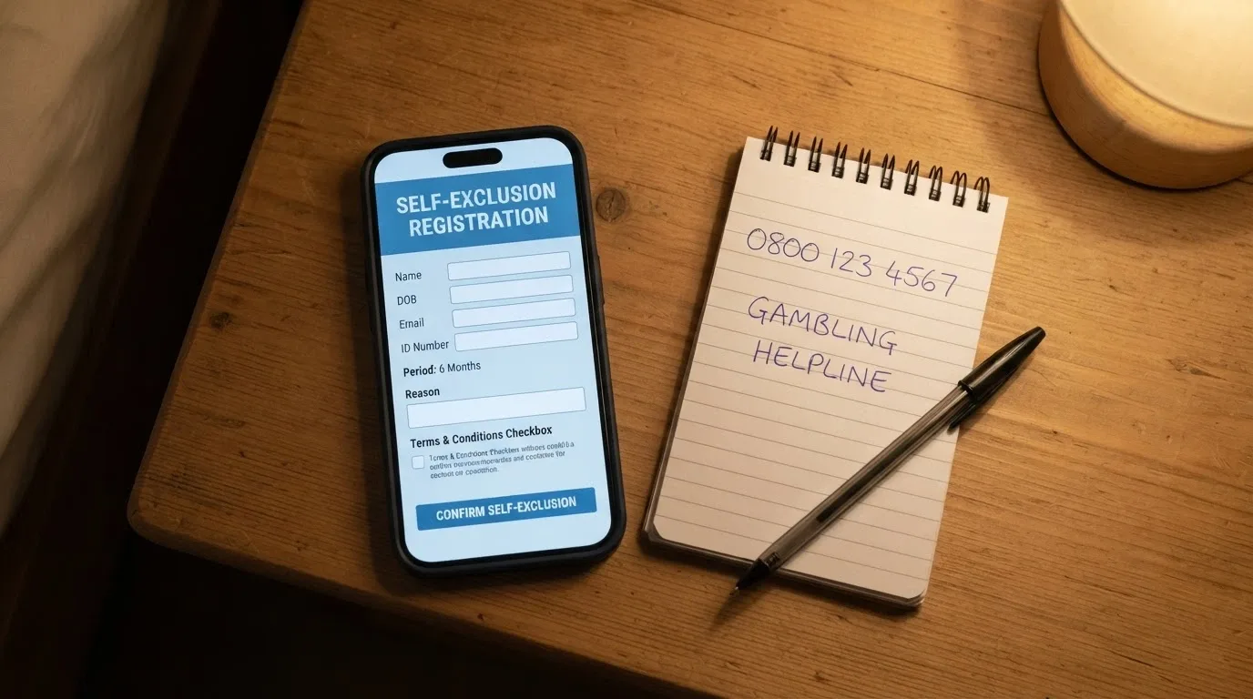 A BetStop registration screen on a phone with the National Gambling Helpline number visible on a notepad beside it