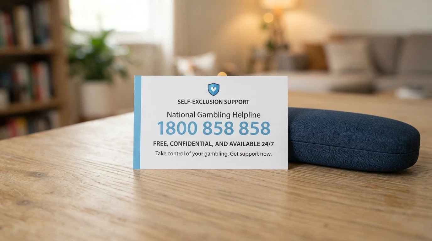 A BetStop self-exclusion information card with the National Gambling Helpline number 1800 858 858 printed beside it