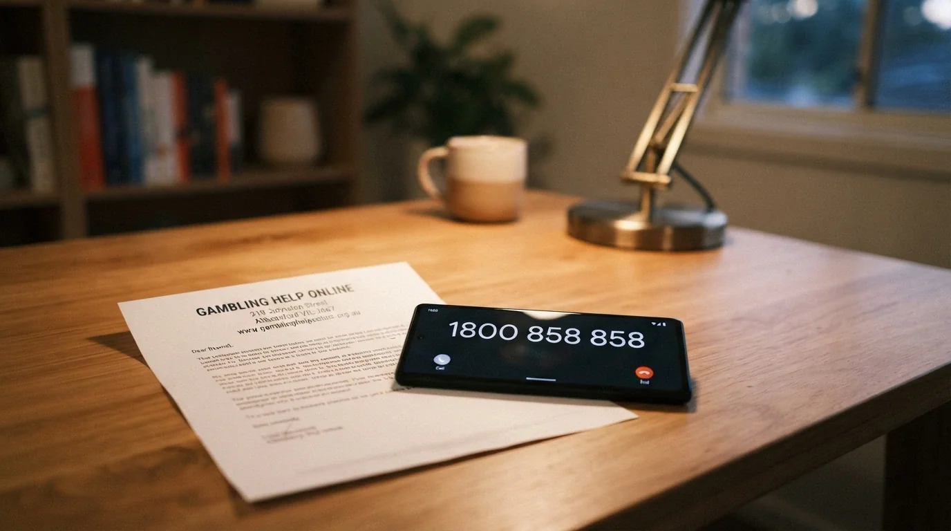 A landline receiver resting on a desk beside a printed BetStop registration confirmation letter, the number 1800 858 858 visible on the phone screen, soft office light