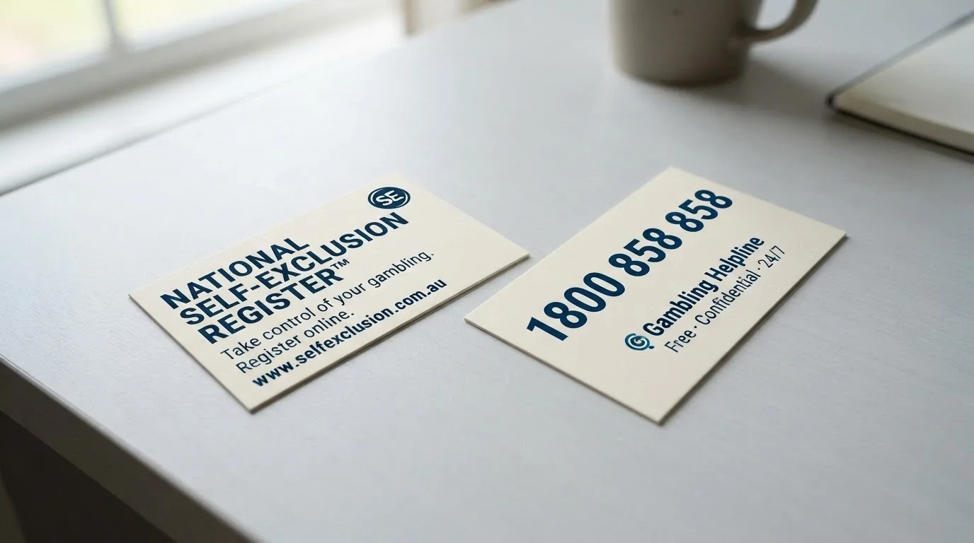 A BetStop registration card beside a Gambling Helpline contact card with the 1800 858 858 number clearly visible