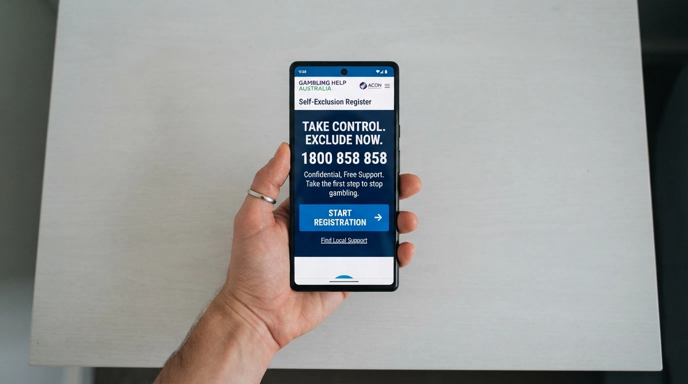 The BetStop National Self-Exclusion Register homepage on a smartphone, with the 1800 858 858 helpline number displayed prominently