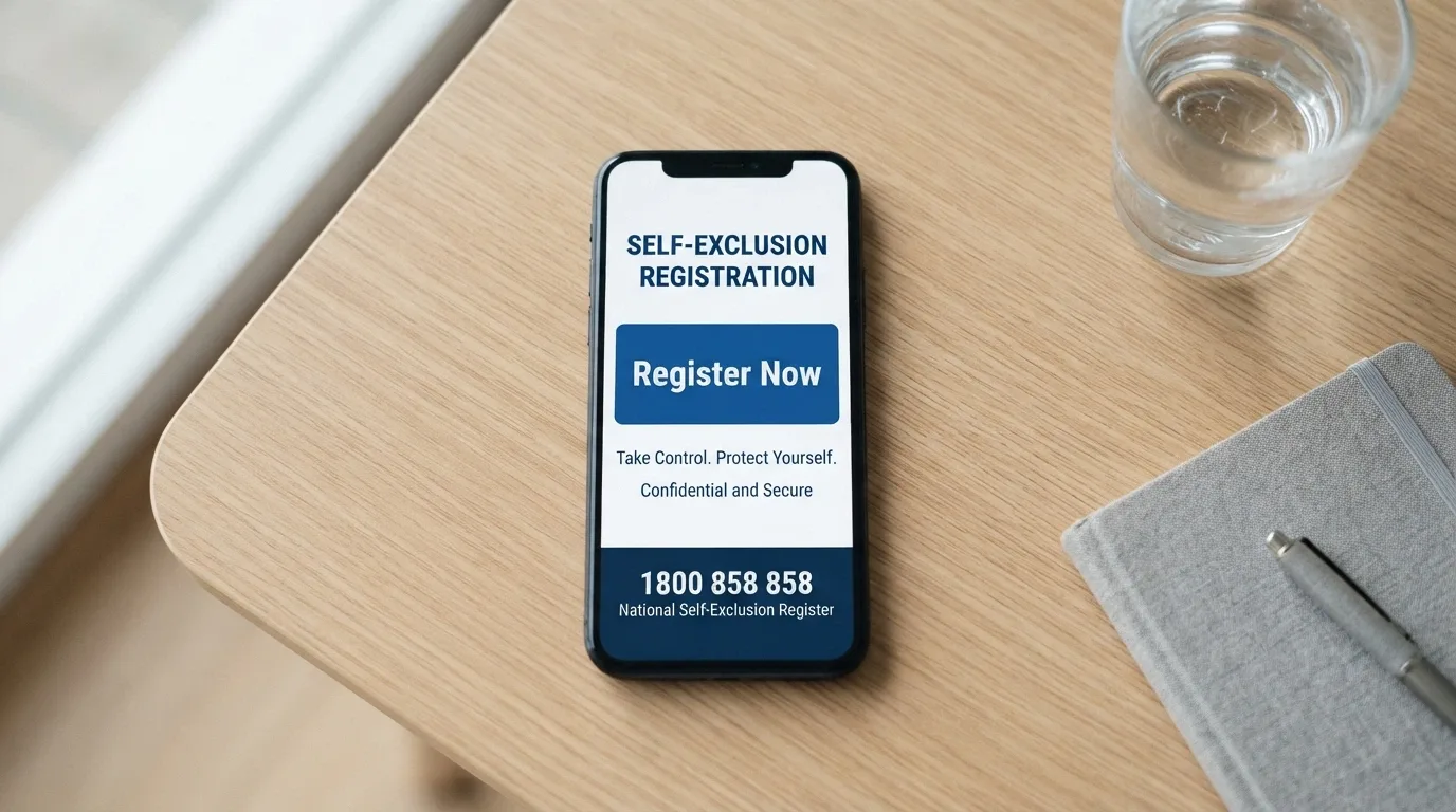 A smartphone screen showing the BetStop registration interface with a prominent “Register Now” button and the 1800 858 858 helpline number visible
