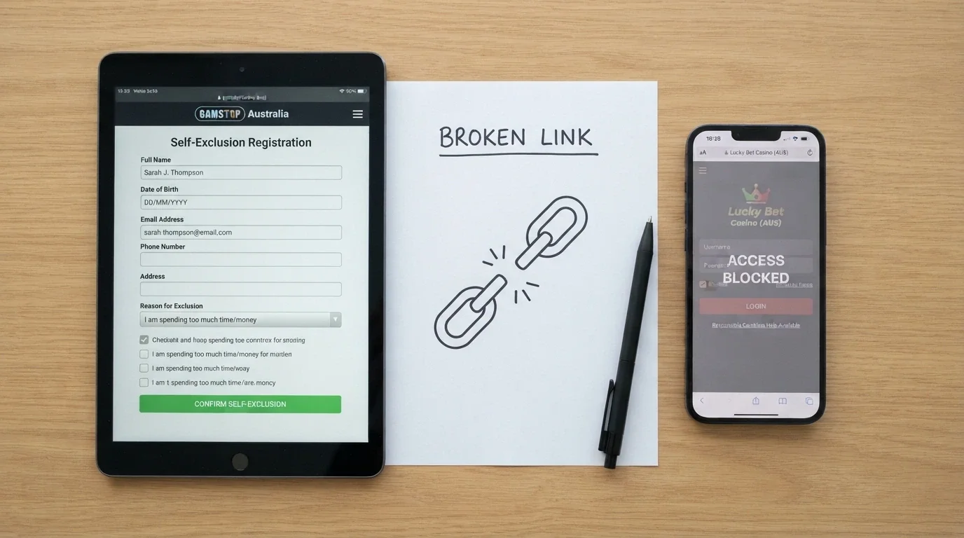 A split image showing the BetStop.gov.au registration page on one side and a greyed-out offshore casino login screen on the other, with a broken-chain graphic connecting the two halves