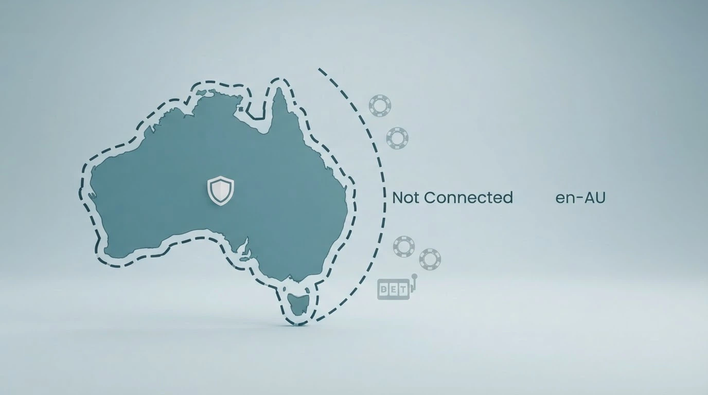 A diagram showing BetStop's coverage stopping at the Australian border, with offshore casino icons on the outside and a “not connected” label between them