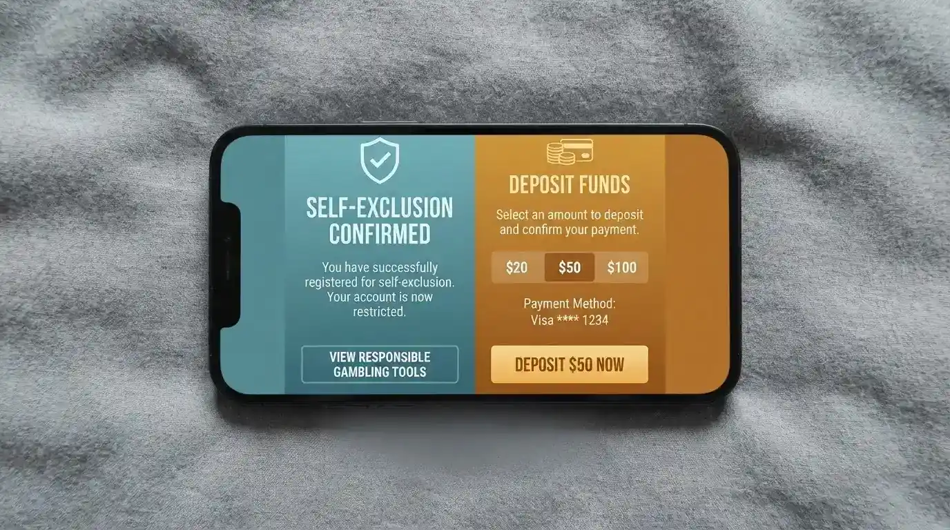 A smartphone screen split between the BetStop registration confirmation page and an offshore casino deposit screen