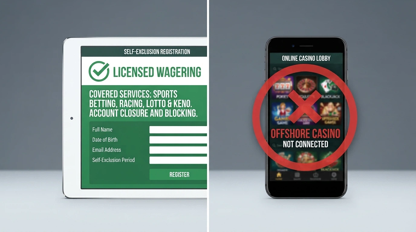 A split-frame visual: one side shows a BetStop registration screen with a green tick beside licensed wagering, the other shows an offshore casino logo with a red cross and the words not connected