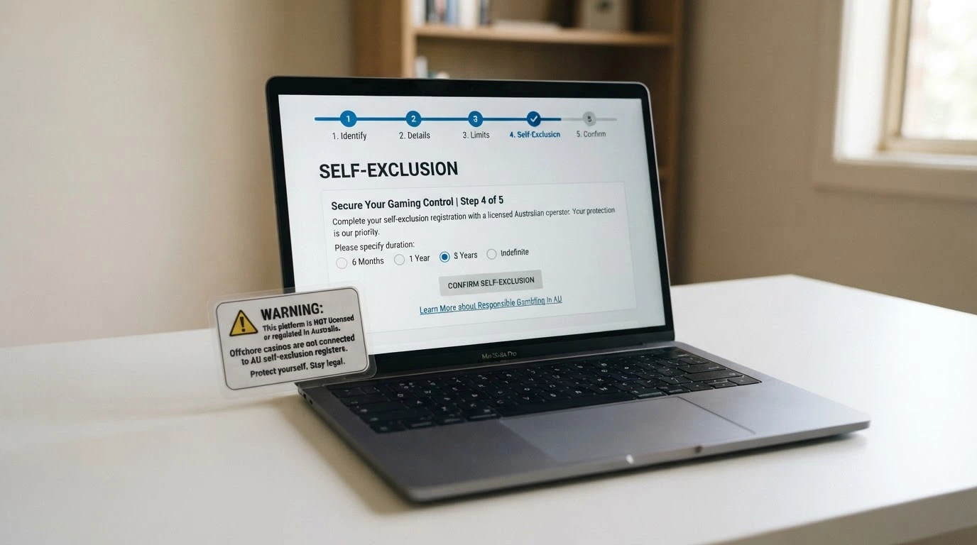 A screen showing the BetStop registration landing page with a progress indicator and the words “self-exclusion” visible, beside a warning that offshore casinos are not connected