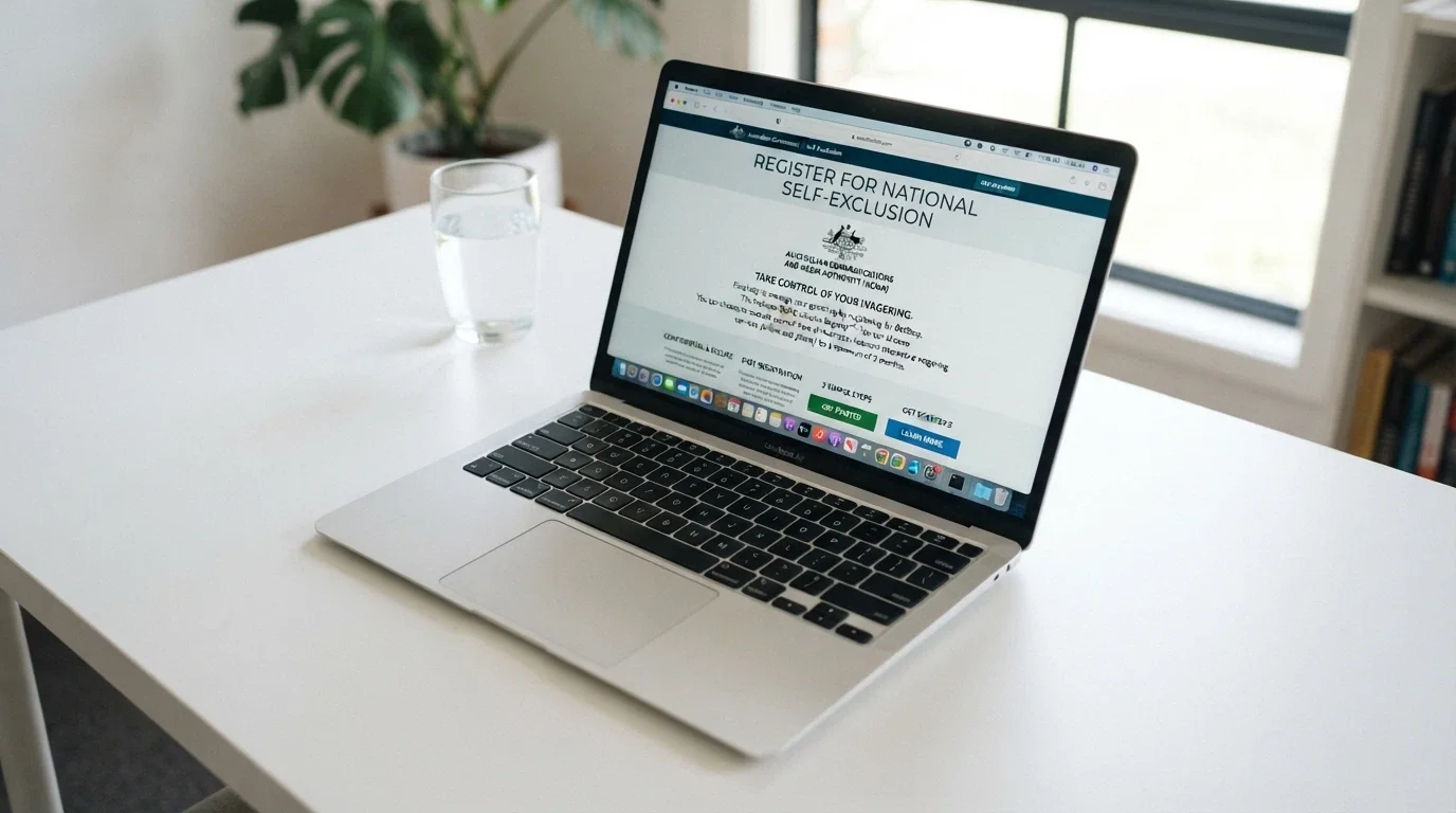 A laptop screen showing the BetStop National Self-Exclusion Register registration page with an Australian government logo