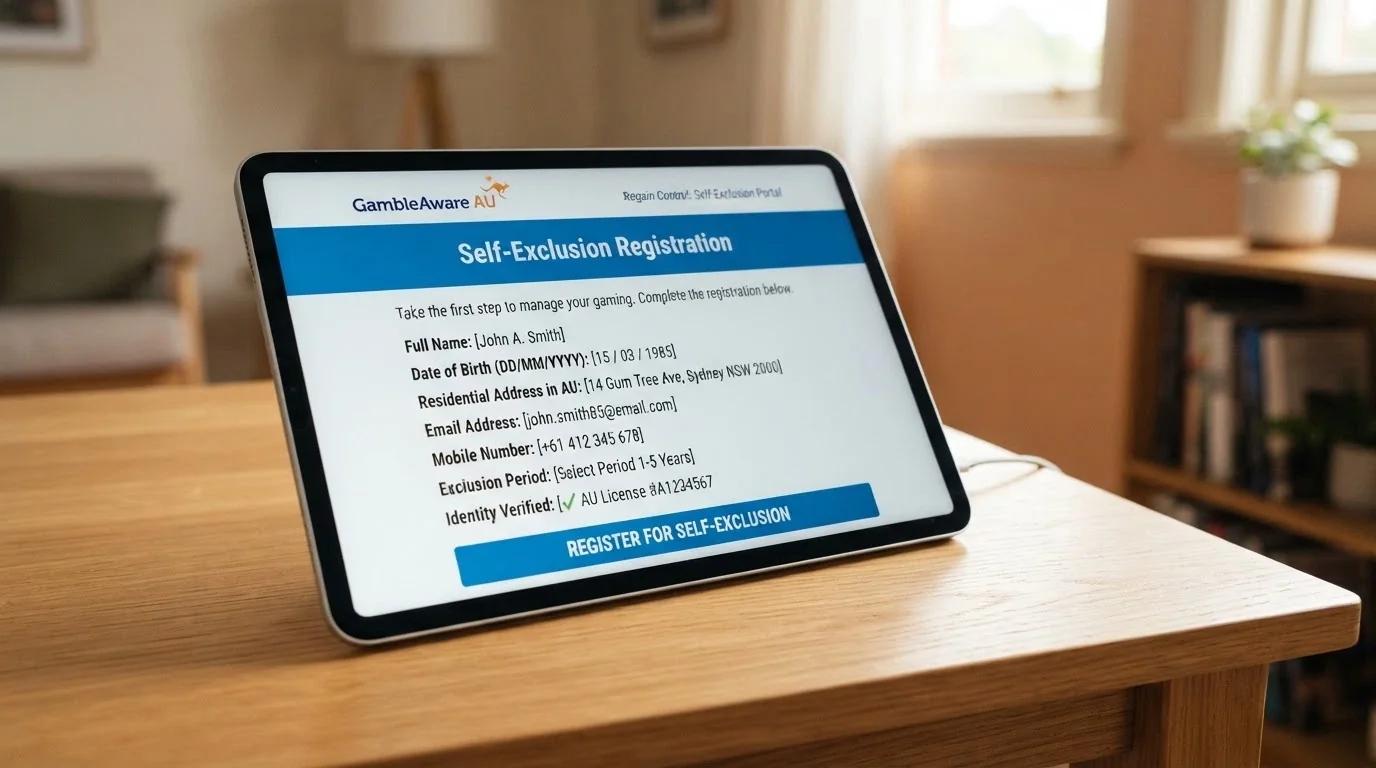 The BetStop National Self-Exclusion Register homepage on a tablet screen with registration fields visible