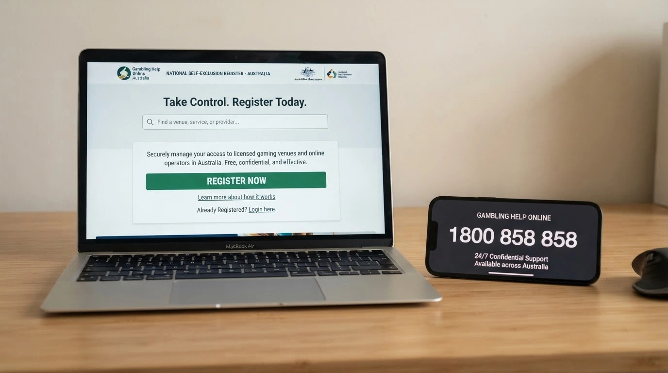 The BetStop National Self-Exclusion Register homepage on a laptop screen with a smartphone beside it displaying the 1800 858 858 helpline number