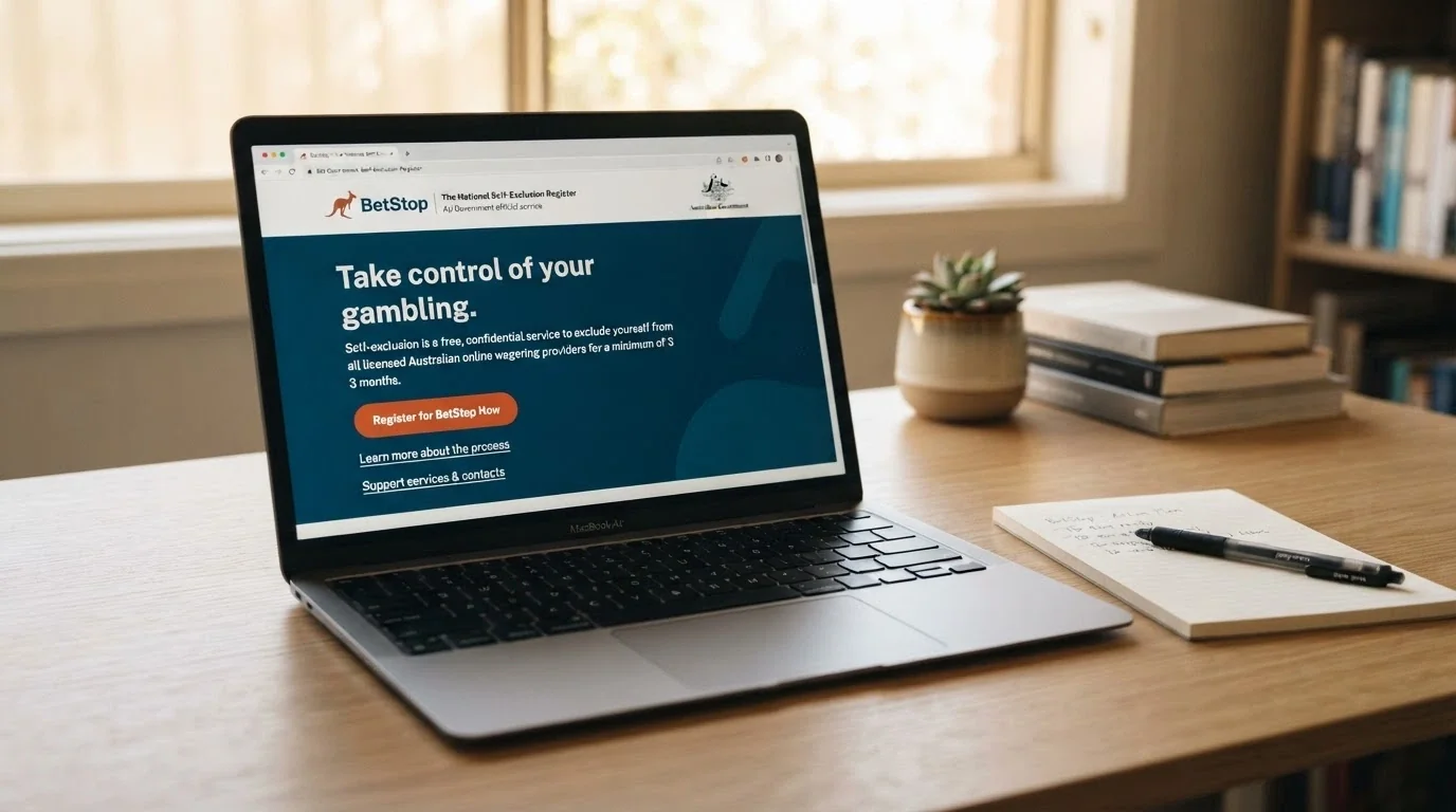 The BetStop national self-exclusion register homepage open on a laptop screen with the registration button visible