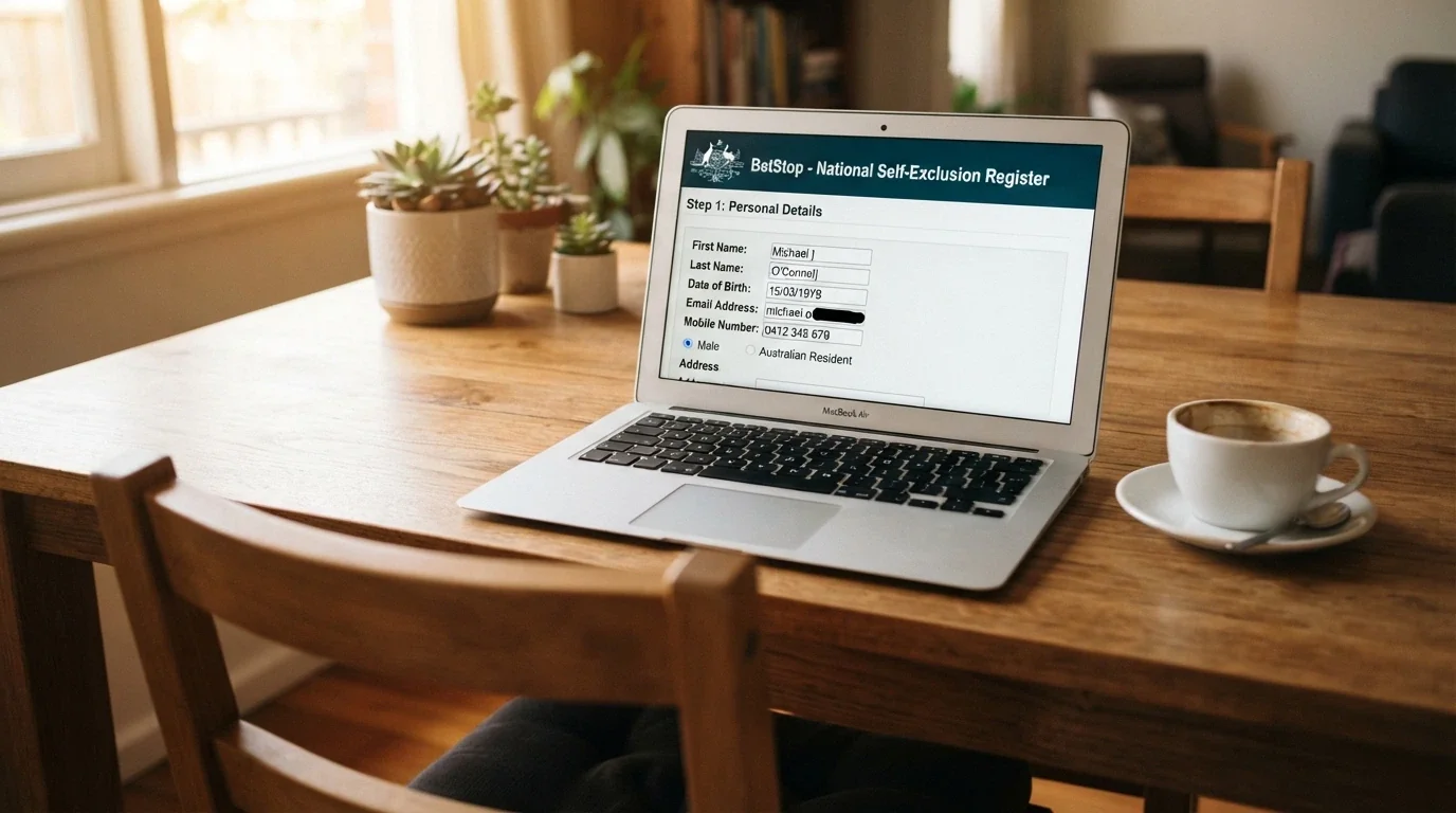 A laptop showing the BetStop registration page (betstop.gov.au) with the national self-exclusion form partially filled, a cup of coffee beside it