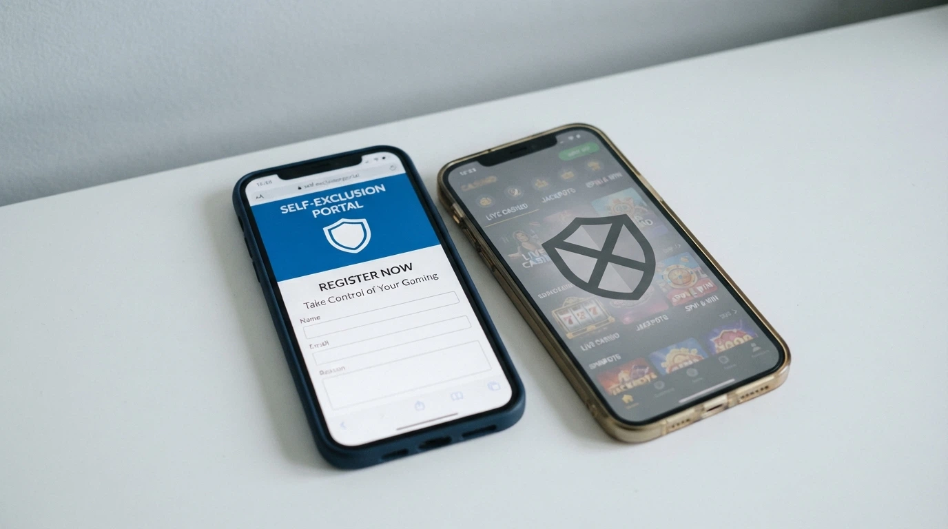 A smartphone showing the BetStop registration page beside a casino app with a faded, crossed-out shield icon over it