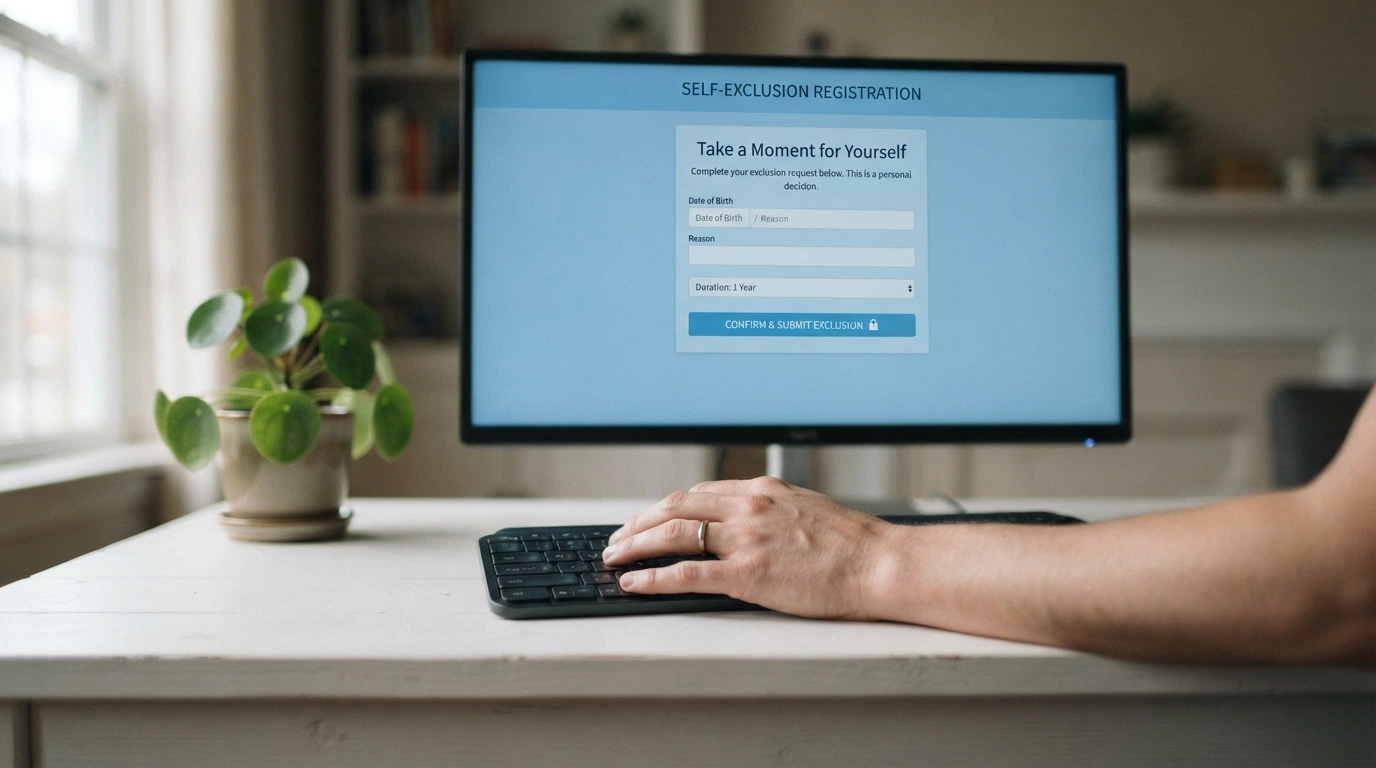A calm hand hovering over a keyboard with the BetStop registration screen visible on the monitor