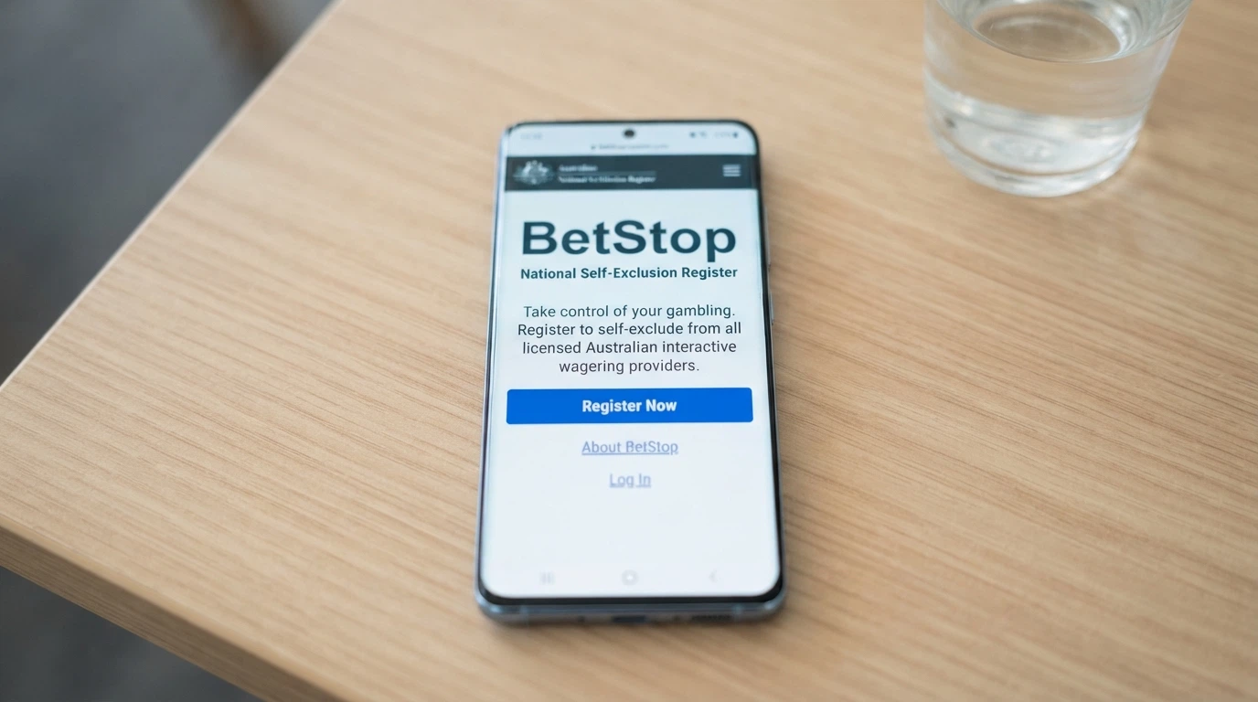 A smartphone displaying the BetStop national self-exclusion register homepage with the tagline visible