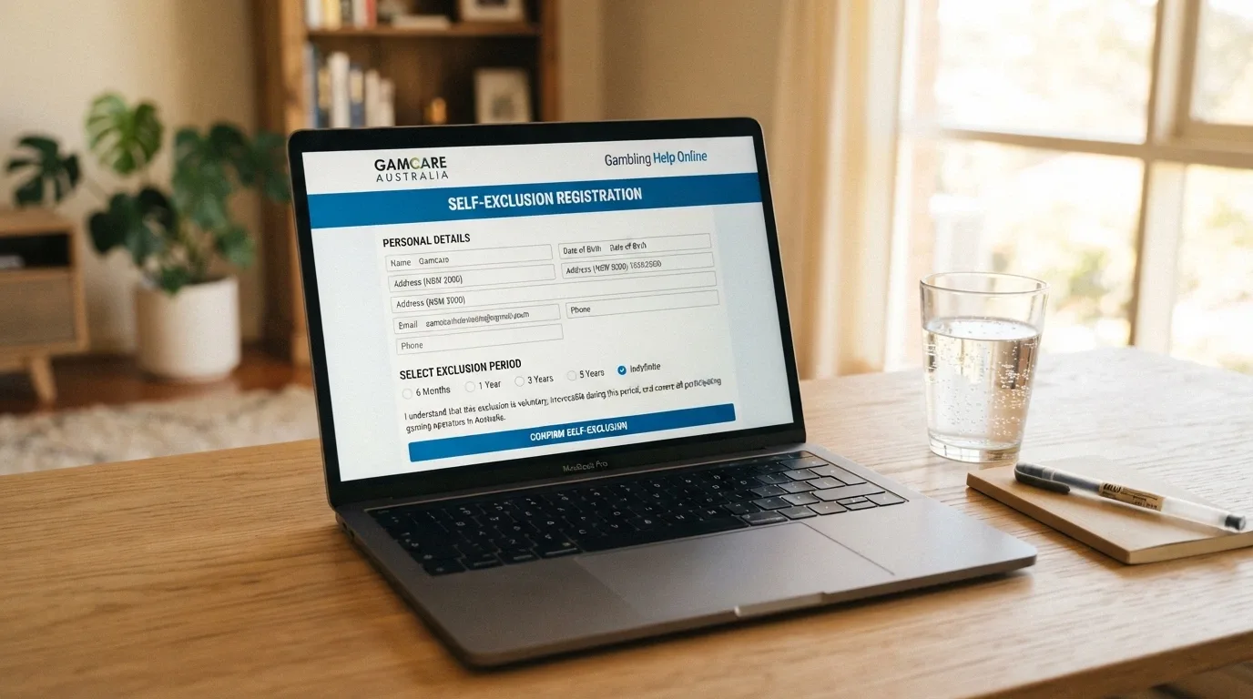 The BetStop registration page displayed on a laptop screen with the self-exclusion period options visible